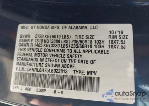 2020 Honda Odyssey Ex-L/Ex-L W/Navi Res from USA, damaged, VIN 5FNRL6H75LB022813